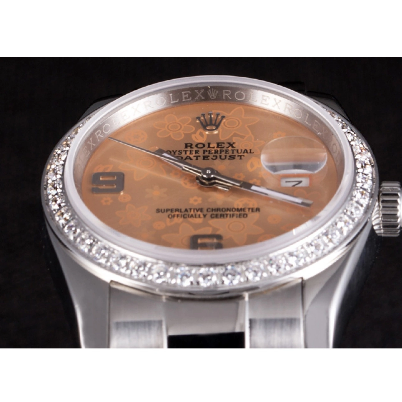 Aaa replica watch Diamond Stainless Rolex Dial Plated Orange Datejust Steel Flowers Polished 0818